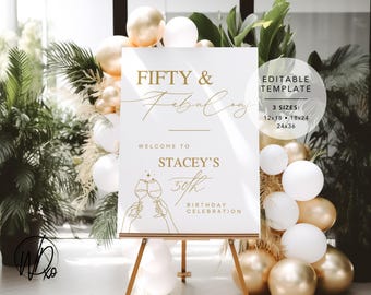 50th Birthday Welcome Sign |  Editable Template | Instant Download | Edit FREE in Canva | Sizes 12x18, 18x24, 24x36 | Fifty & Fabulous Gold
