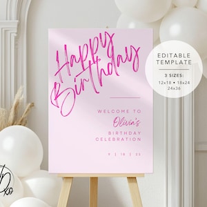 Letrero de bienvenida de feliz cumpleaños / Plantilla editable / Descarga instantánea / Edición GRATIS en Canva / Tamaños 12x18, 18x24, 24x36 / Rosa fuerte moderno