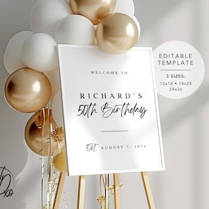 Birthday Party Welcome Sign |  Editable Template | Instant Download | Edit FREE in Canva | Sizes 12x18, 18x24, 24x36 | Modern White Black