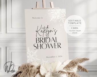 冬のブライダルシャワーのウェルカムサイン | 編集可能なテンプレート | すぐにダウンロード | Canvaで無料で編集 | サイズ 12x18、18x24、24x36 | ニュートラルトープ