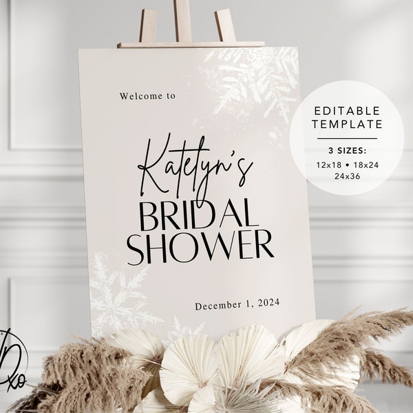 Winter Bridal Shower Welcome Sign |  Editable Template | Instant Download | Edit FREE in Canva | Sizes 12x18, 18x24, 24x36 | Neutral Taupe