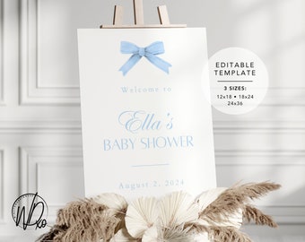 Baby Shower Welcome Sign |  Editable Template | Instant Download | Edit FREE in Canva | Sizes 12x18, 18x24, 24x36 | Elegant Modern Blue Bow
