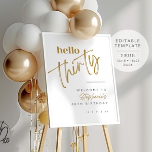 30th Birthday Welcome Sign |  Editable Template | Instant Download | Edit FREE in Canva | Sizes 12x18, 18x24, 24x36 | Modern White Gold