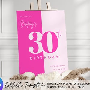 30th Birthday Welcome Sign | Editable Template | Instant Download | Edit FREE in Canva | Sizes 12x18, 18x24, 24x36 | Modern Hot Pink