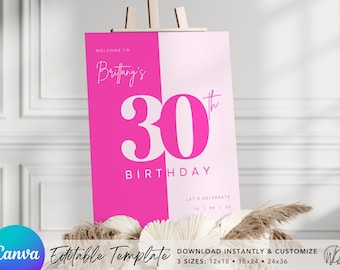 30th Birthday Welcome Sign | Editable Template | Instant Download | Edit FREE in Canva | Sizes 12x18, 18x24, 24x36 | Modern Hot Pink