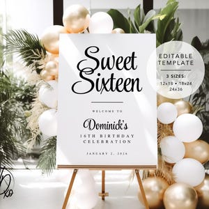 Letrero de bienvenida para dieciséis años / Plantilla editable / Descarga instantánea / Edición GRATUITA en Canva / Tamaños 12 x 18, 18 x 24, 24 x 36 / Moderno en blanco y negro