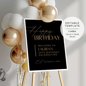 Alles Gute zum Geburtstag Willkommensschild |  Bearbeitbare Vorlage | Sofortdownload | KOSTENLOS in Canva | Größen 12x18, 18x24, 24x36 | Modernes Schwarz-Gold