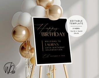 Gelukkige verjaardag welkomstbord |  Bewerkbare sjabloon | Direct downloaden | GRATIS bewerken in Canva | Maten: 12 x 18, 18 x 24, 24 x 36 | Modern zwart goud