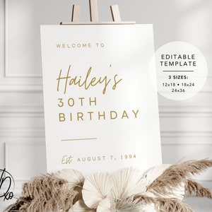 Birthday Welcome Sign Editable Template Instant Download Edit FREE in Canva Sizes 12x18, 18x24, 24x36 Modern White Gold image 3