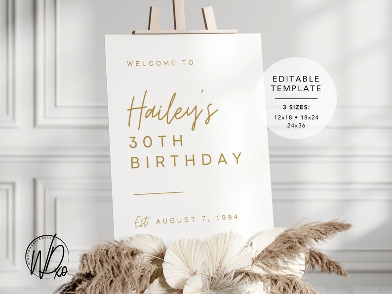 Birthday Welcome Sign Editable Template Instant Download Edit FREE in Canva Sizes 12x18, 18x24, 24x36 Modern White Gold image 3