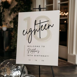 May include: A white sign on a black easel with the word "eighteen" in elegant script. The sign welcomes guests to "Natalia's 18th Birthday!" with the number 18 in a soft beige color. Disco balls are in the foreground.
