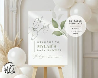Cartello di benvenuto per baby shower / Modello modificabile / Download immediato / Modifica GRATIS in Canva / Dimensioni 12x18, 18x24, 24x36 / Verde salvia moderno