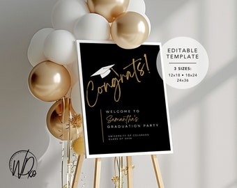 Abschlussfeier Willkommensschild | Bearbeitbare Vorlage | Sofortdownload | KOSTENLOS in Canva | Größen 12x18, 18x24, 24x36 | Modernes Schwarz-Gold