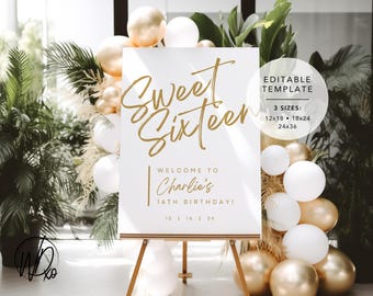 May include: White sign with gold lettering that reads "Sweet Sixteen" and "Welcome to Charlie's 16th Birthday!" with the numbers 12, 16, and 24 below. The sign is on a wooden easel and surrounded by gold and white balloons.