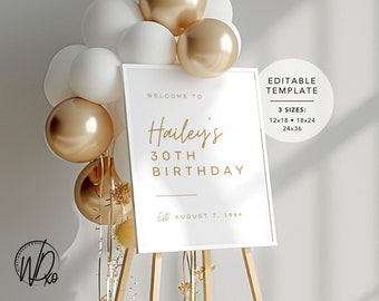 Birthday Welcome Sign |  Editable Template | Instant Download | Edit FREE in Canva | Sizes 12x18, 18x24, 24x36 | Modern White Gold