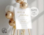 50th Birthday Welcome Sign |  Editable Template | Instant Download | Edit FREE in Canva | Sizes 12x18, 18x24, 24x36 | Fifty & Fabulous Gold