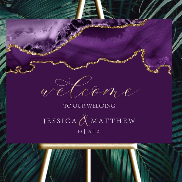 Wedding Welcome Sign |  12x18, 18x24 or 24x36 | Dark Purple Plum Agate Marble | Digital files JPEG+PDF | Customized by ME within 48 hours