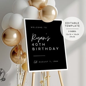 Birthday Party Welcome Sign |  Editable Template | Instant Download | Edit FREE in Canva | Sizes 12x18, 18x24, 24x36 | Modern Black White