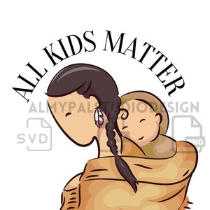 Może przedstawiać: Kreskówkowa ilustracja kobiety niosącej dziecko w brązowym szalu. Tekst "ALL KIDS MATTER" jest napisany w kółku wokół nich.