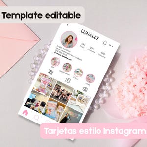 Pode incluir: Um modelo de perfil do Instagram digital com o texto "Template editable" no topo. O perfil apresenta uma foto de uma mulher e vários ícones para DIY, sublimação, Cricut e ideias. O texto "Tarjetas estilo Instagram" está na parte inferior.