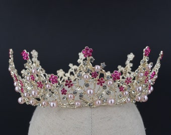 Gold pink Crystal Bridal Floral Crown Tiara Prom Floral Tiara Flower headwear