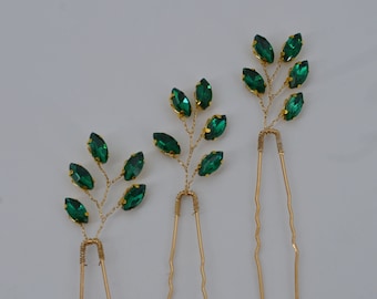 Emerald Green Bridal Hair Pins Olive Wedding Leaf Hair Accessories Bridal Hair Pins Crystal Hair Pins Wedding Headpieces