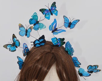 3D Blue Butterfly Fairy Crown Headband Hair Piece Accessory Gala Party Goddess Princess Cosplay