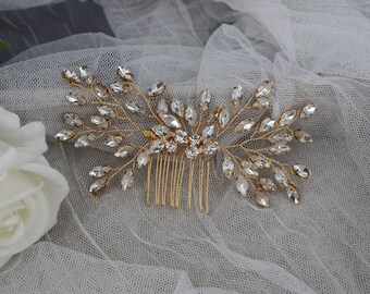 Gold Wedding Hair Comb Crystal Leaf Wedding Hairpiece Bridal Hair Comb Clip