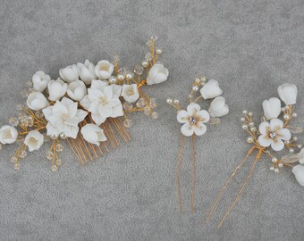 Bridal Headpiece Gold Bridal Hair Comb Hair Pin Ceramic Floral Hair Combs