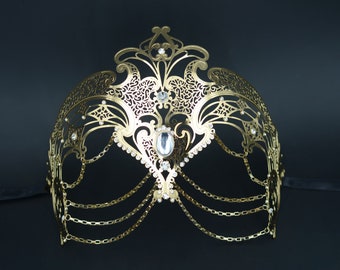 Gold Goddess Masquerade Mask with Chains Venetian Metal Mask with Crystals