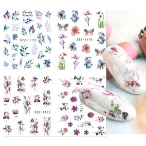 Flowers Floral Tulips Fern Butterfly Butterflies Lavender Nail Art Stickers Nail Water Decals Transfers Wraps