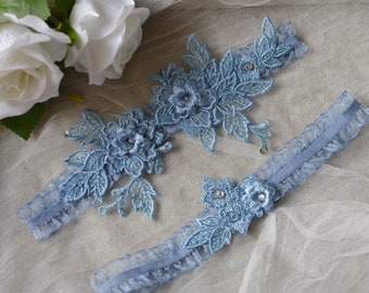 Blue Garter Wedding Garter Set Bridal Garter Set Beaded Floral Garter