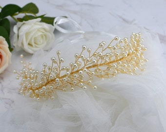 Pearl Headband Bridal Hair Vine Headpiece Gold Pearl Vine Wedding Hair Vine