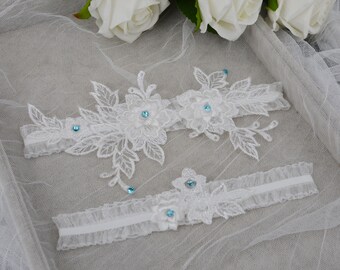 Something Blue Garter Wedding Garter Set Bridal Garter Set Beaded Floral Garter