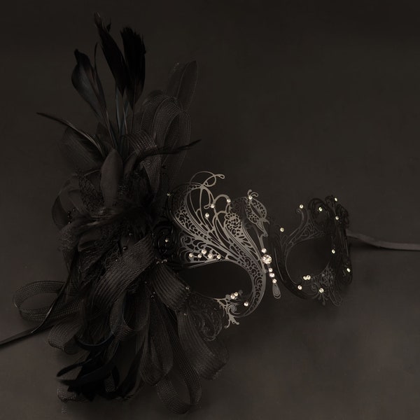 Elegant Black Themed Half Venetian Mask Masquerade Ball Mask  Mask Rose Gold  Feather Masquerade Ball Masks Mardi Gras