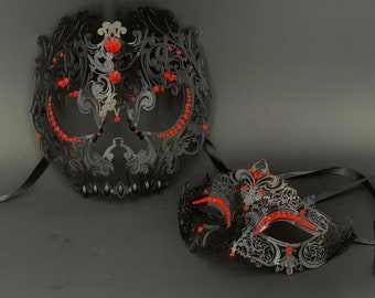 Masquerade Mask Set His&Hers Couples Mask Skull Mask Exquisite Red Rhinestone