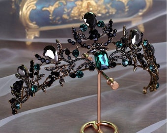 Gothic Headdress Queen Crown Brides Tiara with Emerald Crystals Baroque Crown