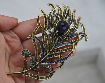 Vintage Peacock Feather Brooch Pin Large Feather Bronze Brooch Feather Rhinestone