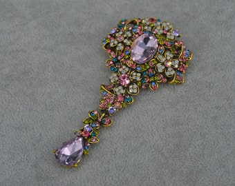 Vintage Flower Drop Brooch Pin Flower pendant Rhinestone Crystal Brooch