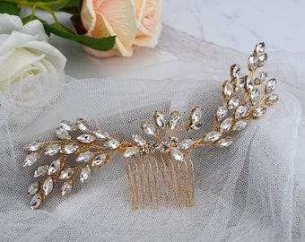 Gold Wedding Hair Comb Crystal Leaf Wedding Hairpiece Bridal Hair Comb Clip
