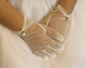 Sheer Gloves with Pearl wedding gloves party gloves Tulle bridal gloves