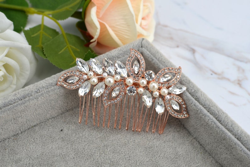 Rose Gold Wedding Hair Comb Crystal Leaf Wedding Hairpiece Bridal Hair Comb Clip zdjęcie 1