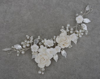 Bridal Hair Piece Porcelain Ceramic White Flower Pearl Hair Vine, Wedding Hair Piece