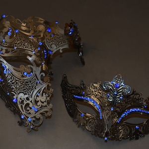 Couples Masquerade Mask Set Black Skull Masks with Blue Rhinestones Masquerade