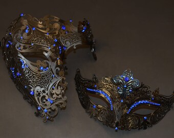 Couples Masquerade Mask Set Black Skull Masks with Blue Rhinestones Masquerade