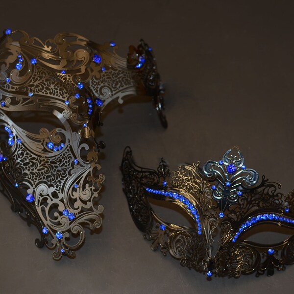 Couples Masquerade Mask Set Black Skull Masks with Blue Rhinestones Masquerade