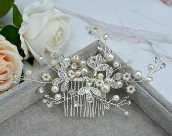Silver Pearl Floral Rhinestone Hair Comb Pins Bridal Clip Jewelry Accessory