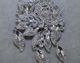 Vintage Floral Brooch Sliver Rhinestone Brooch Pin Crystal Rose flower Brooch