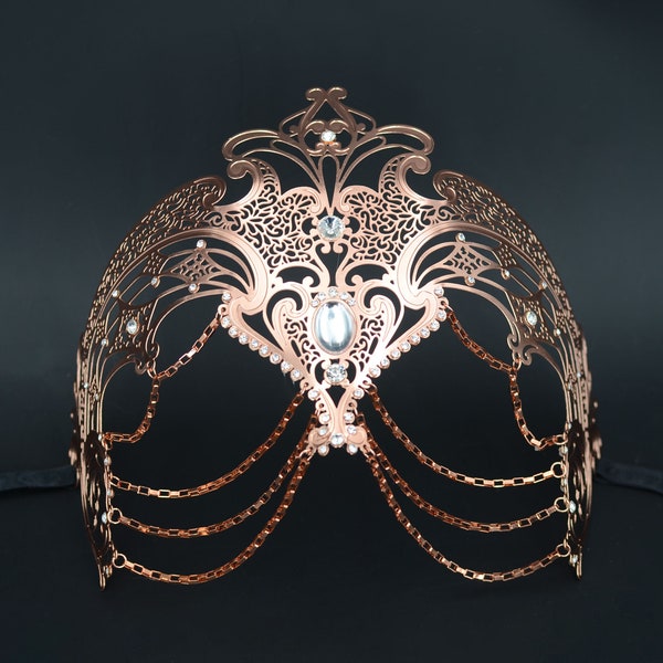 Rose Gold Goddess Masquerade Mask with Chains Venetian Metal Mask with Crystals