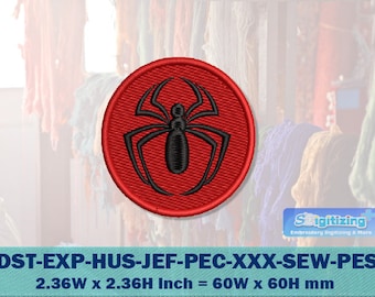 Può includere: Design di ricamo a cerchio rosso con una silhouette di ragno nero. Il design misura 2,36 pollici di larghezza per 2,36 pollici di altezza, o 60 mm per 60 mm.